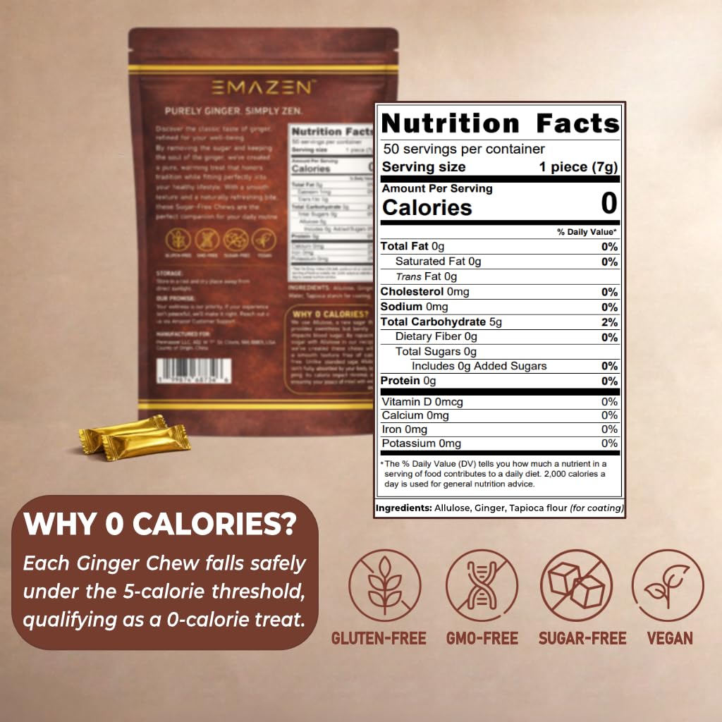 EMAZEN Ginger Chews Sugar Free Ginger Candy for Nausea & Motion Sickness Support Low Calorie, Healthy Snacks Natural Candy 50 Count, 12.3 OZ