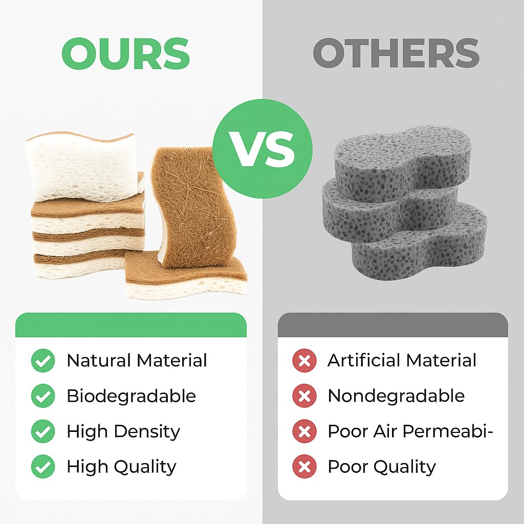 UCCO Eco Friendly Biodegradable Kitchen Sponges 12 Pack - Natural Compostable Cellulose with Coconut Scrubber - Sustainable Zero Waste Dish Sponges