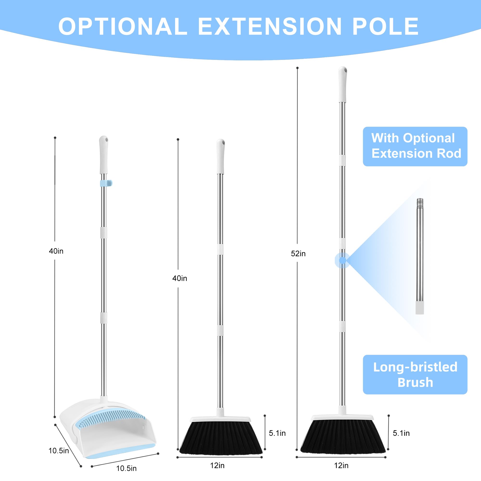 BSKLIN Broom and Dustpan Set for Home, 52-in Broom with Dustpan Combo with Dust Pan Teeth to Clean Pet Hair Long Handle Adjustable Broom for Kitchen