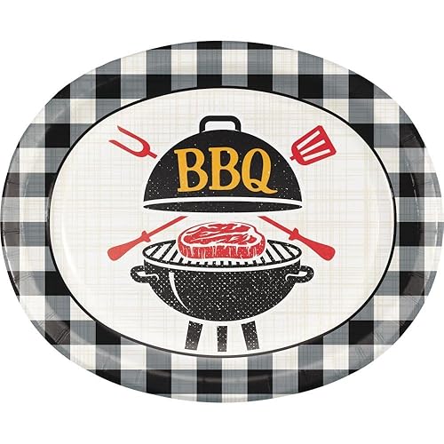 Black and White BBQ Gingham Oval Dinner Paper Plates, 8 Count