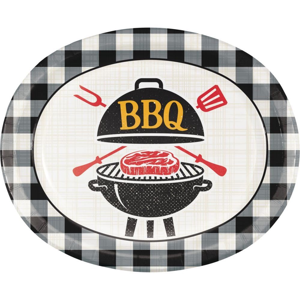 Black and White BBQ Gingham Oval Dinner Paper Plates, 8 Count