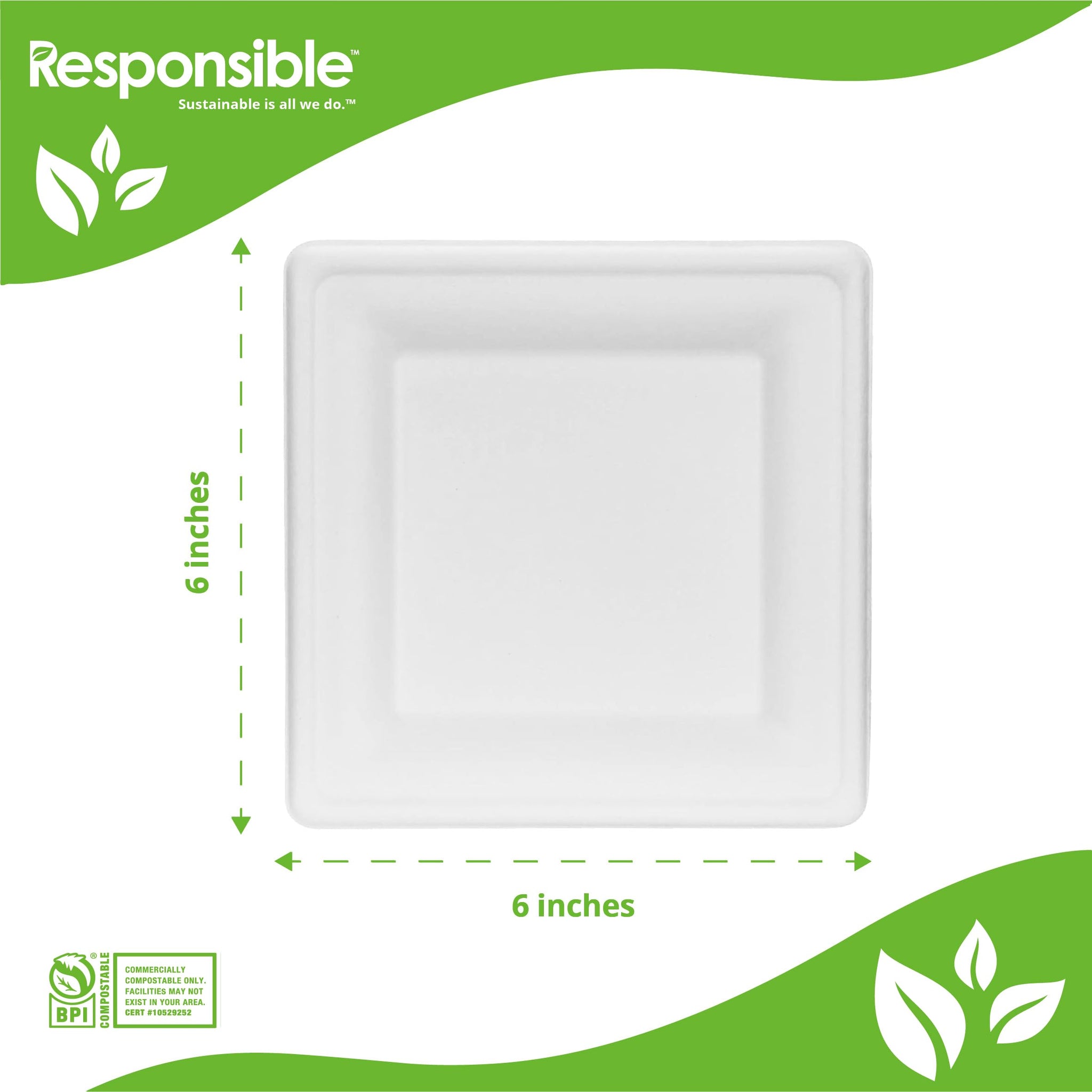 Responsible Products 100% Compostable 6 Inch Square Paper Plates White (50 Pack), Disposable Paper Plates Heavy Duty, Biodegradable & Eco-Friendly