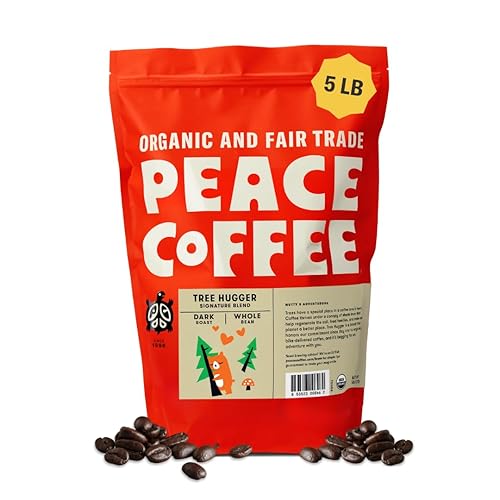 Peace Coffee Tree Hugger Signature Blend Dark Roast Whole Bean Coffee, 5 lb, Organic Fair Trade, Nutty, Smooth Flavor, Shade Grown, Fresh Roasted