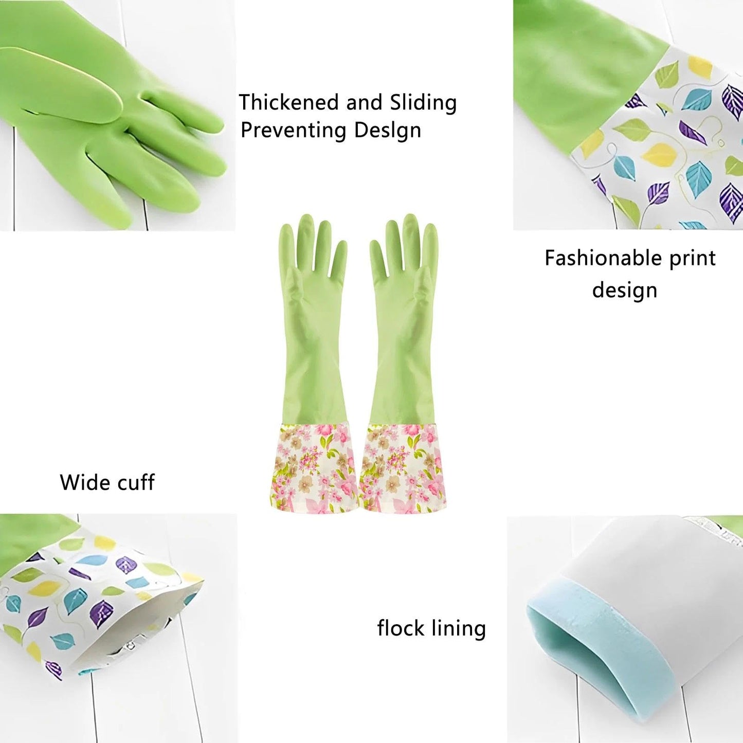 KINGFINGER Rubber Waterproof Dishwashing Gloves for Kitchen, Latex-Free Precision Flocking Household Cleaning Gloves (2 Pair, Large)