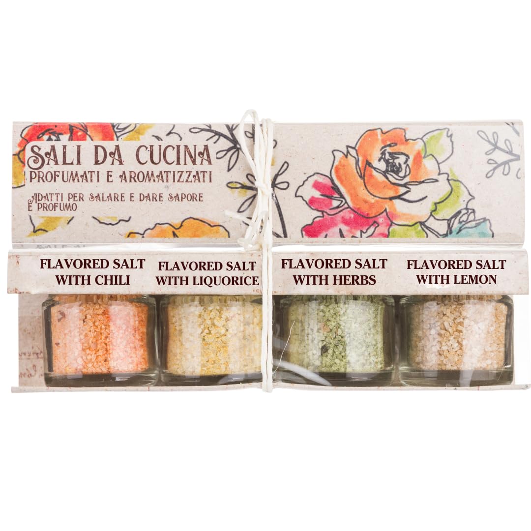 ARTIGIANI DEI SAPORI - Infused Sicilian Salts "Sali Aromatizzati", Flavored Salt with Liquorice, Herbs, Lemon, Chili, Italian Gifts - Pack of 4