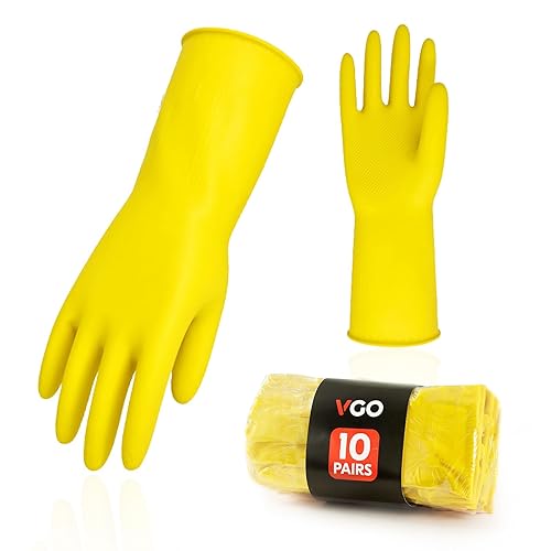 Vgo... 10-Pairs Reusable Household Gloves, Rubber Dishwashing gloves, Extra Thickness, Long Sleeves, Kitchen Cleaning, Working, Painting, Gardening