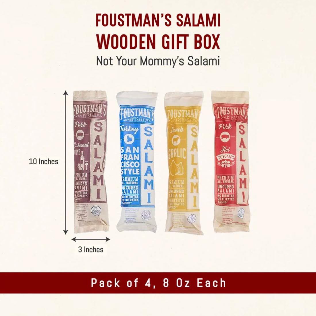 Foustman's Salami Wooden Gift Box, Artisan, Nitrate-Free, Naturally Cured, Flavors - San Francisco Style Pork, Cabernet Wine, Beef, and Pepperoni