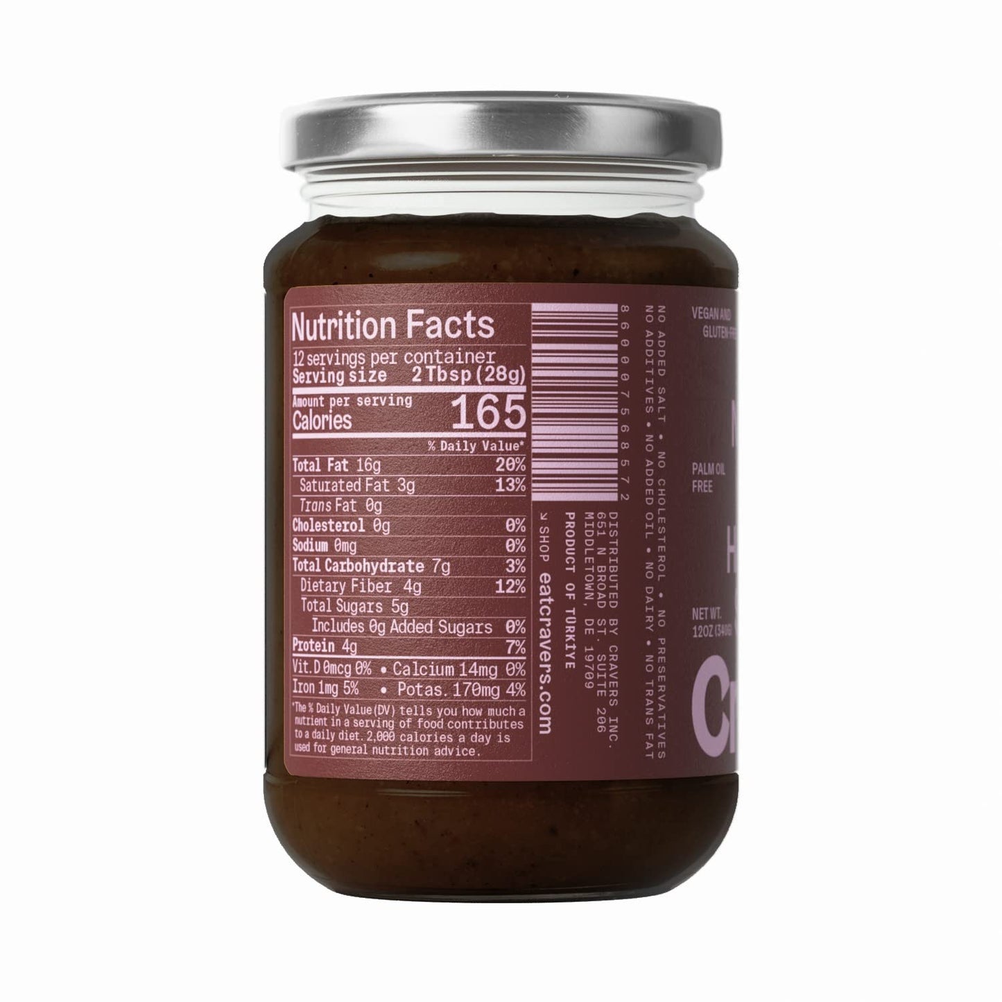 Cravers Cacao Hazelnut Spread - 80% Hazelnut - No Refined Sugar, Vegan, Palm Oil Free & Non-GMO, Creamy Chocolate Spread | 12 oz Jar | Plant Based