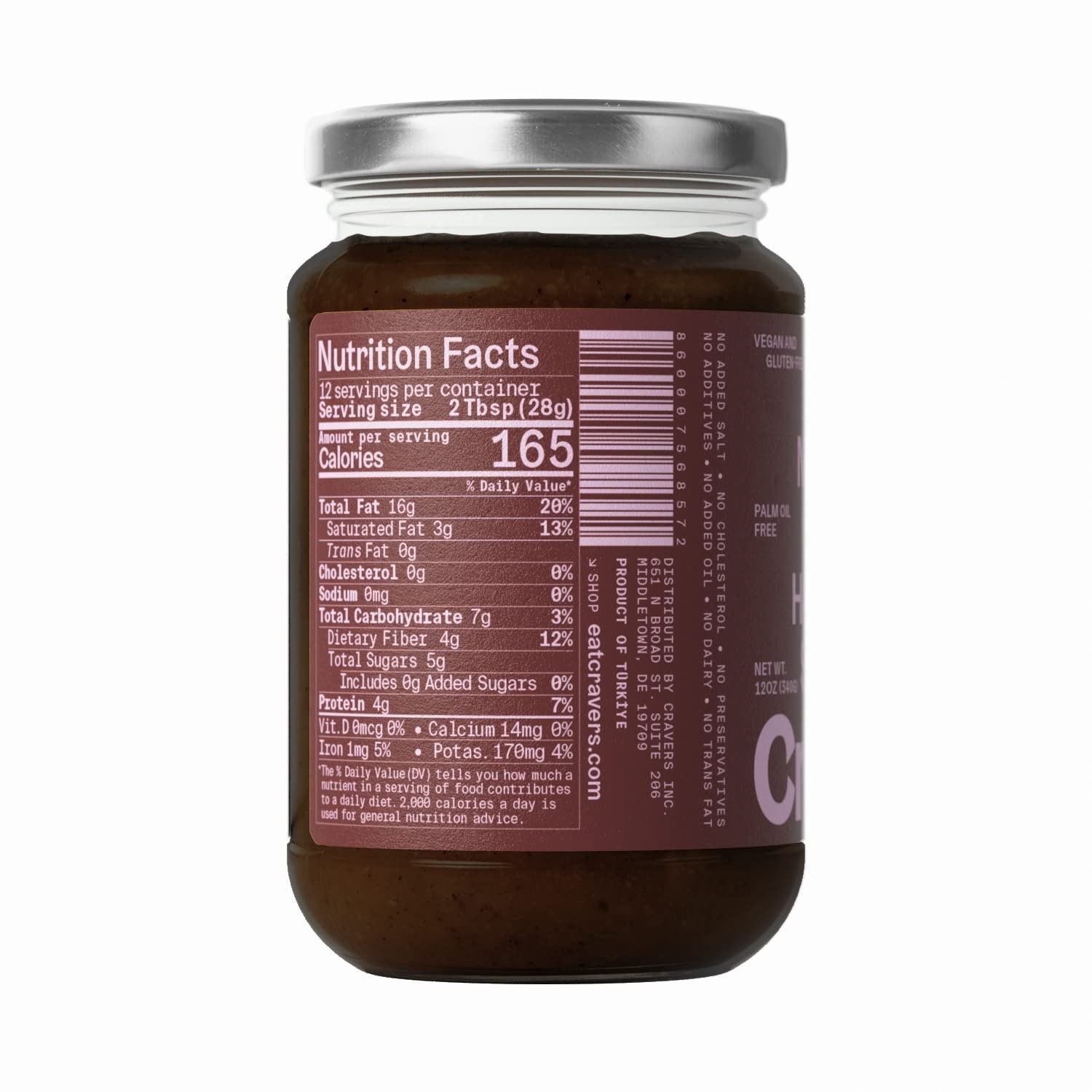 Cravers Cacao Hazelnut Spread - 80% Hazelnut - No Refined Sugar, Vegan, Palm Oil Free & Non-GMO, Creamy Chocolate Spread | 12 oz Jar | Plant Based