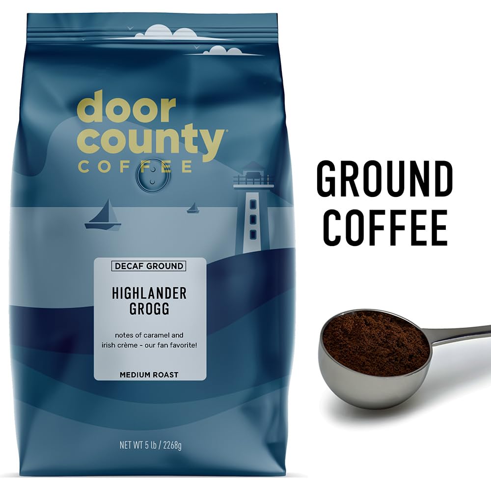 Door County Coffee Highlander Grogg DECAF Flavored Coffee Ground - 5 lb Bag - Flavored Ground Medium Roast - 100% Specialty Arabica - Gourmet - Irish