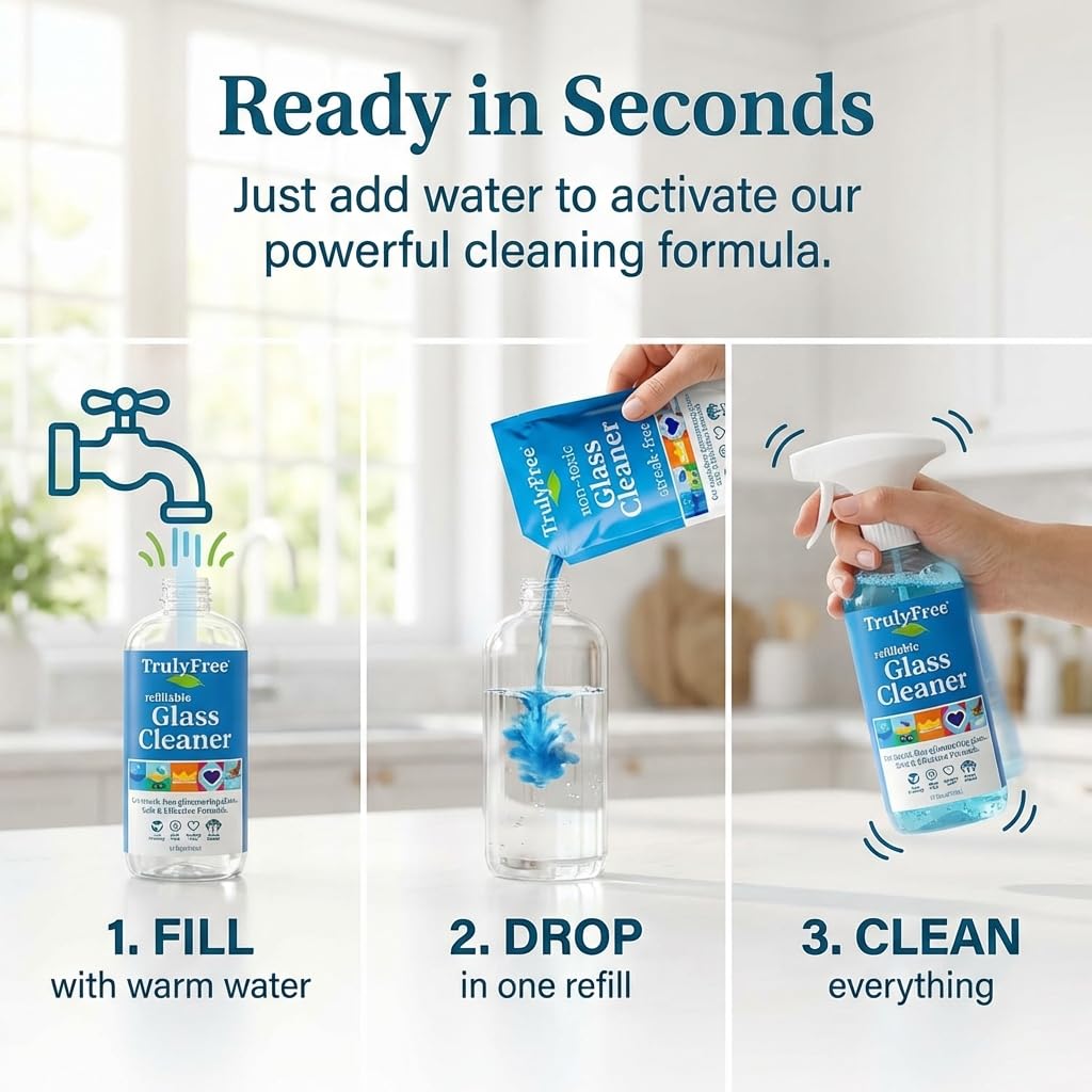 Truly Free Natural Glass Cleaner Kit - Removes Dirt & Debris for Sparkling Clean Windows & Glass Surfaces at Home, Office & Garage, Includes 16 oz