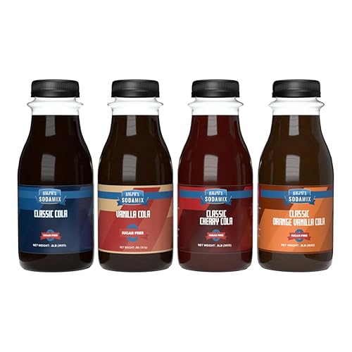 Ralph's 4 Sugar Free Sparkling Water Soda Maker Flavors Pack | Classic, Vanilla, Orange Vanilla and Cherry Cola | Four 12oz Bottles | Sodamix