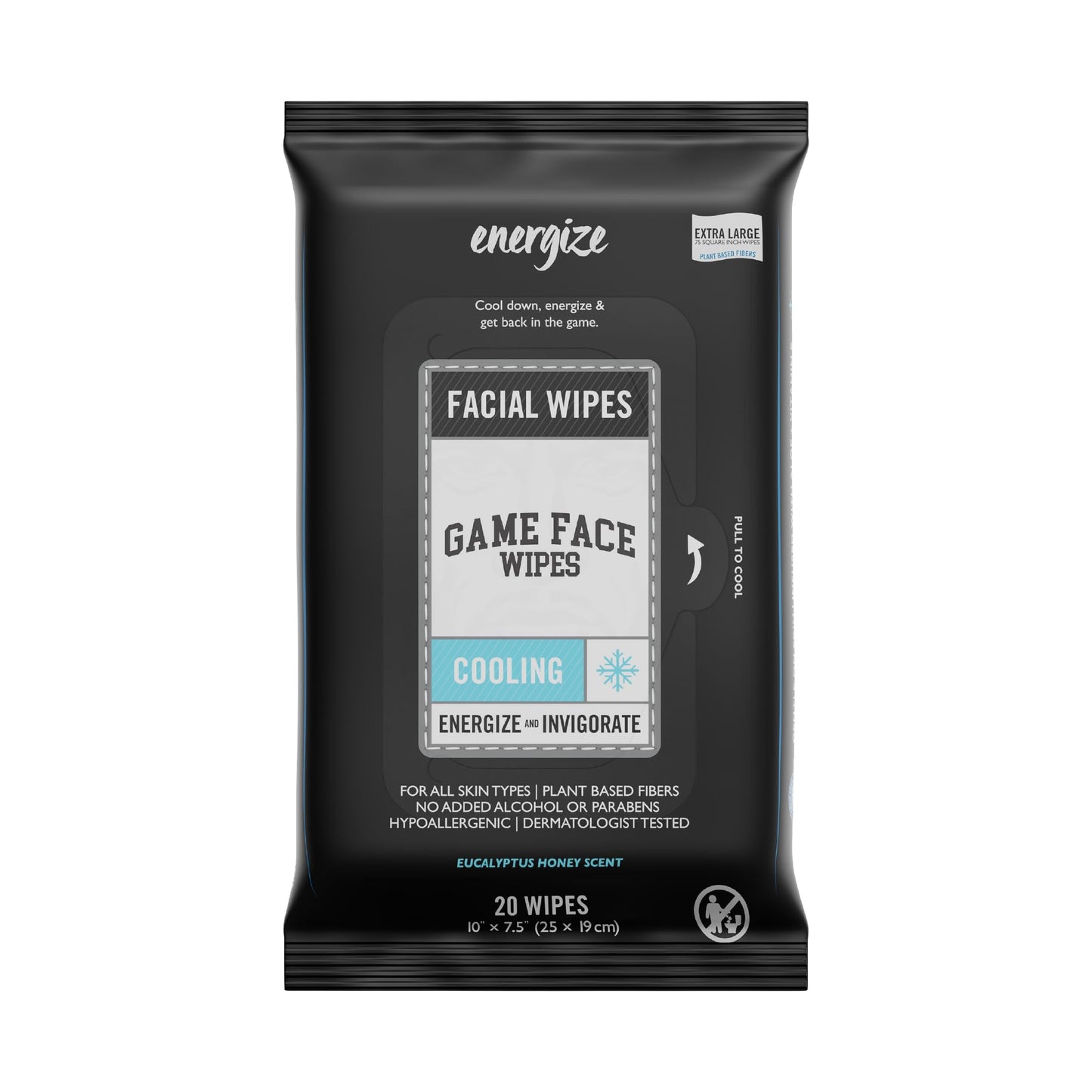 Game Face Cooling Face Wipes 25 Count XL Size Compostable Cloth Naturally Formulated and Lightly Scented Hydrating, Energizing, and Invigorating Wipes