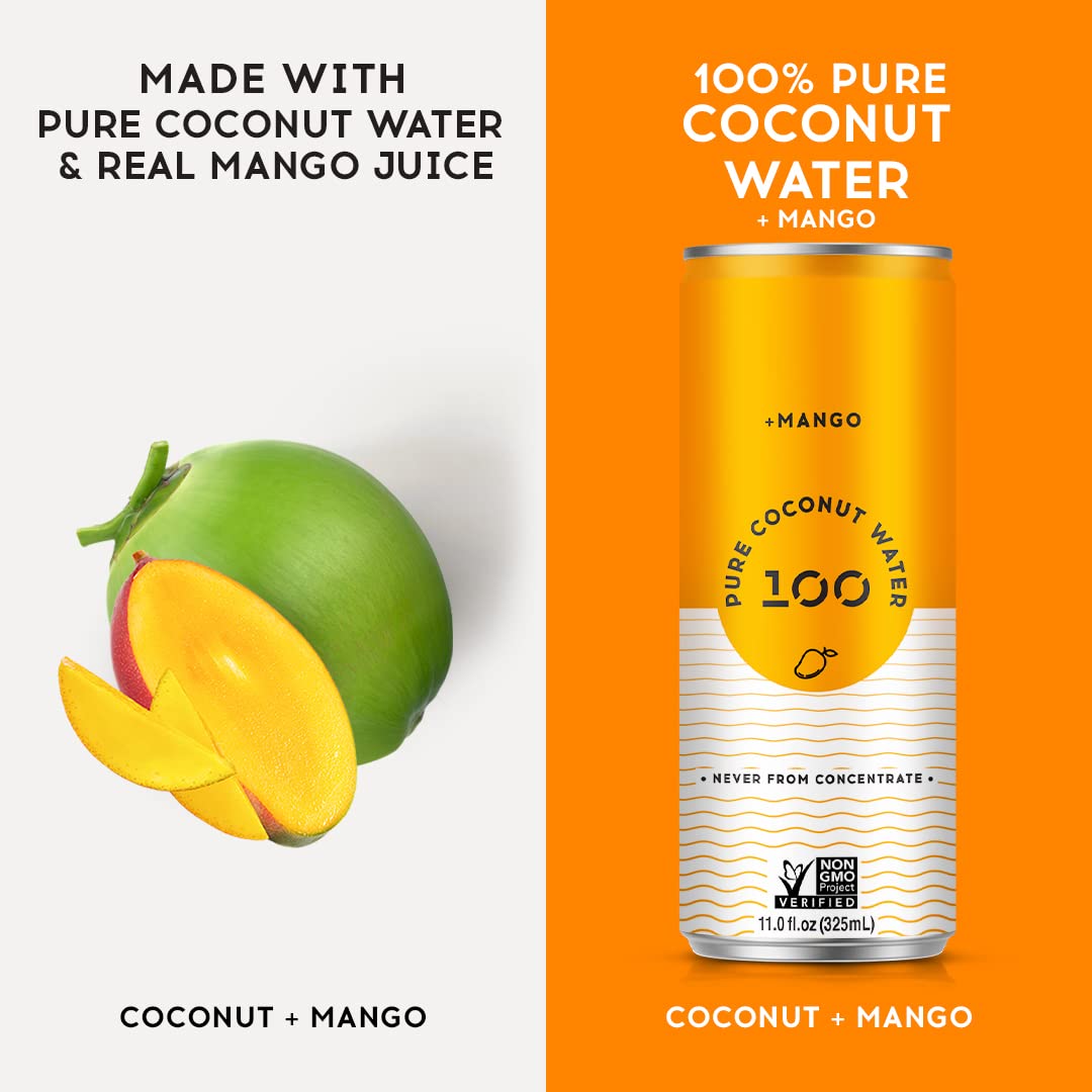 100 Coconuts Mango Pure Coconut-100% Pure Coconut Water - Low Calorie All-Natural Drink with Electrolytes - Naturally Sweet, no preservatives