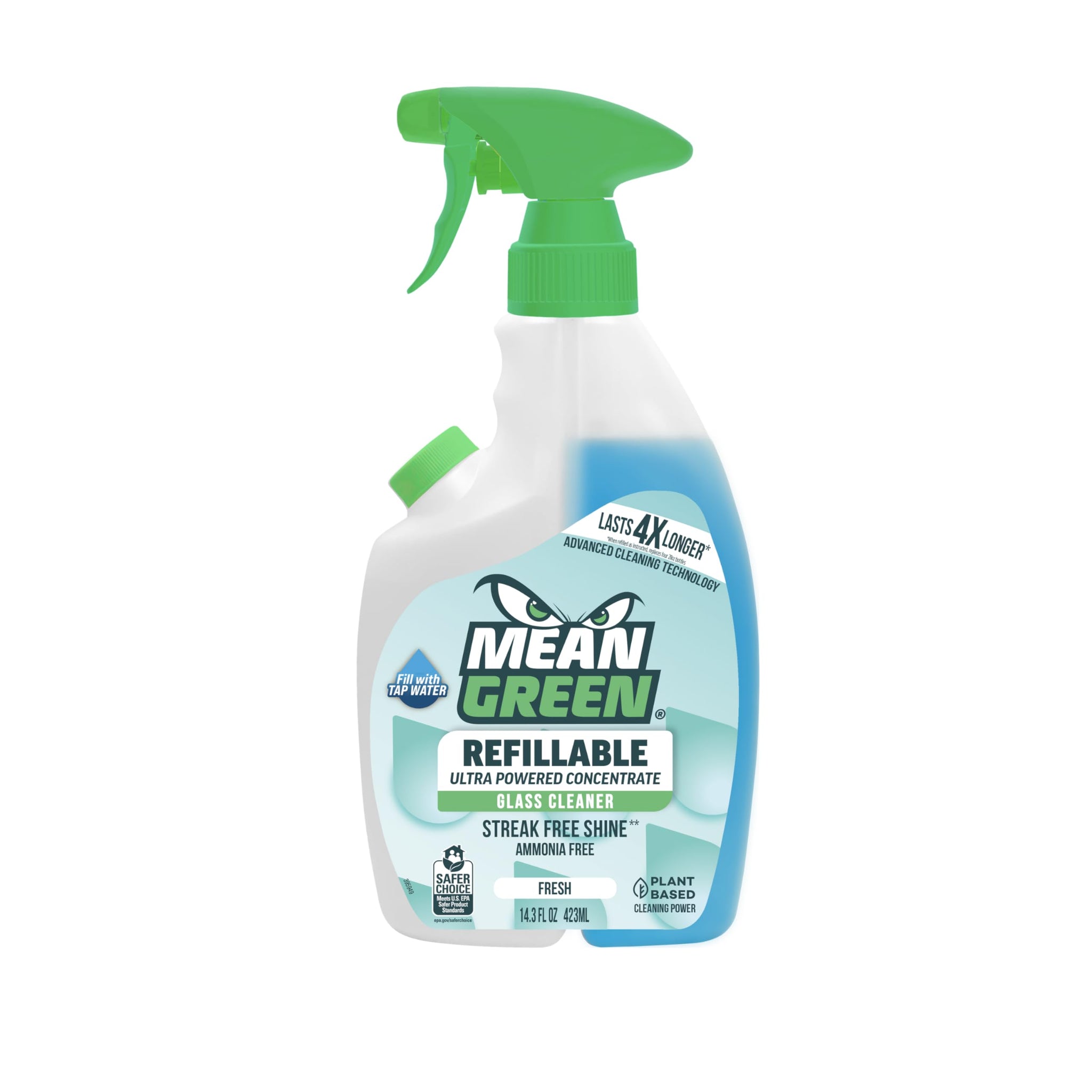 Mean Green Refillable Ultra Powered Glass Cleaner Concentrate, Fresh Scent, 14.3 fl oz - Plant & Mineral Based, Streak-Free Shine, Refillable Bottle