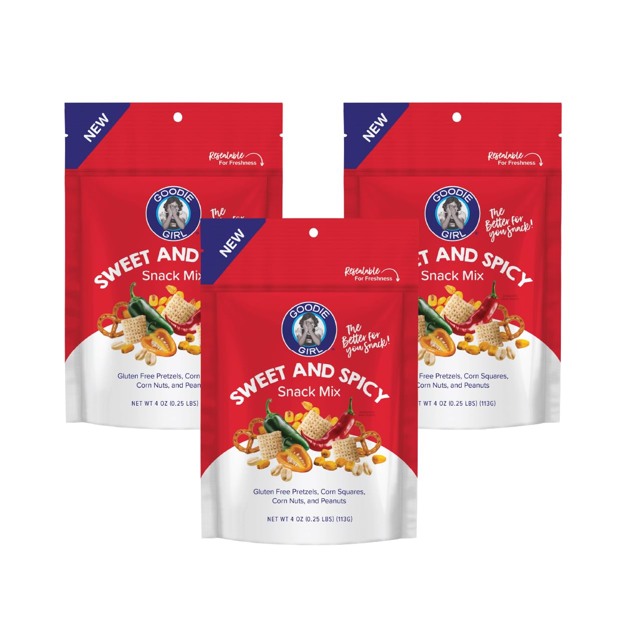 Goodie Girl Sweet & Spicy Snack Mix - 3 Pack, 4oz Bags - Gluten Free Snack Party Mix - No HFCS, Colors or Artificial Preservatives - Contains Peanuts