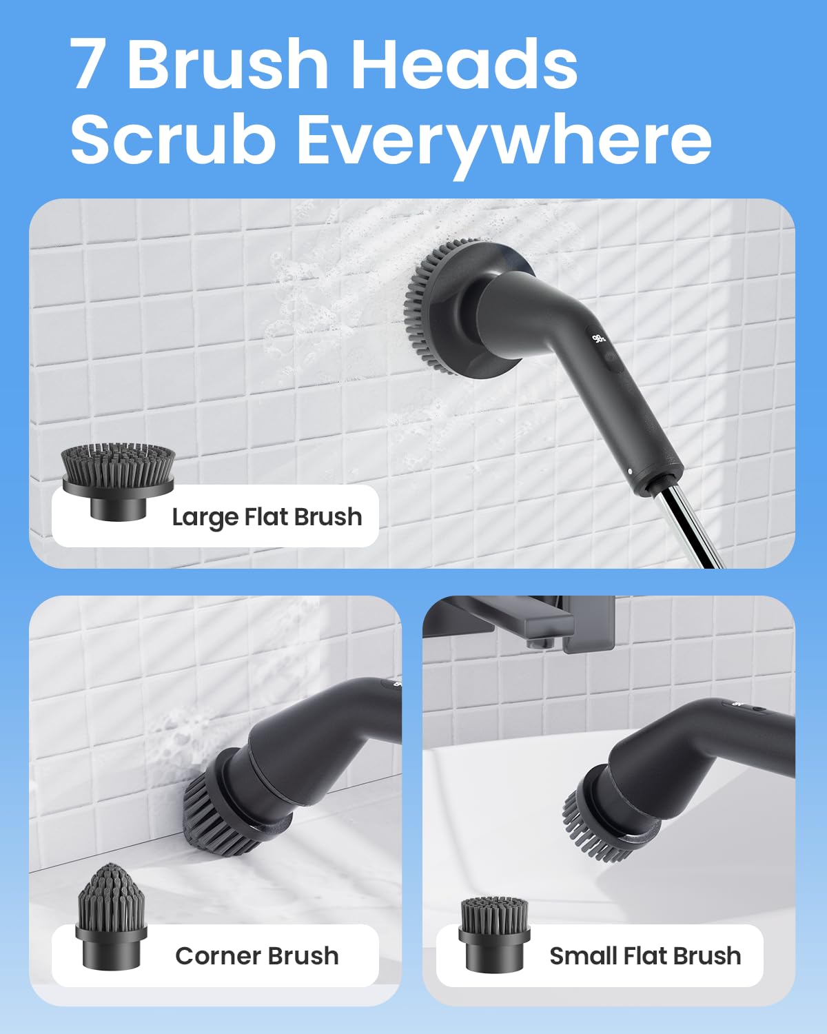 Leebein Electric Spin Scrubber, Cordless Bathroom Cleaning Brush with 7 Brush Heads, IPX7 Waterproof, 2 Speed Settings, Extendable Handle