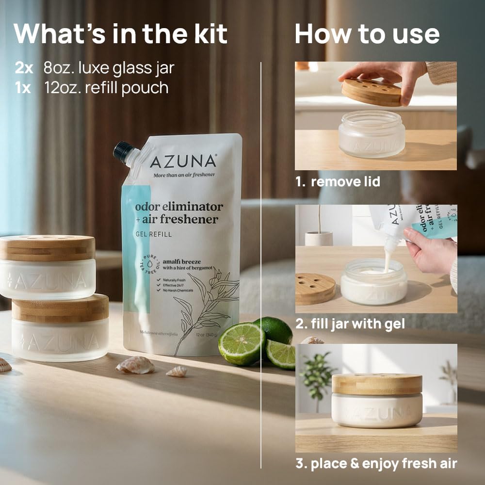 Azuna Air Freshener & Odor Eliminator for Strong Odor | 2 Room Kit Includes (2) 8 oz. Empty Luxe Glass Jars & 12 oz | Refill with Tea Tree Essential