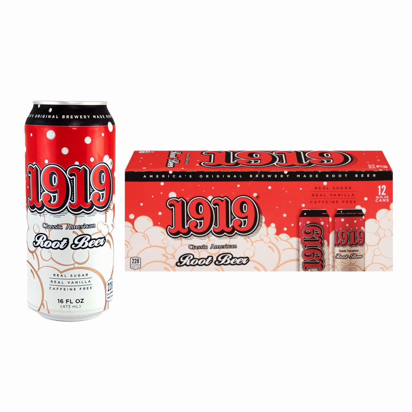 1919 Draft Root Beer 16oz Can, Real Sugar, Real Vanilla, Classic American Root Beer, 12-Pack