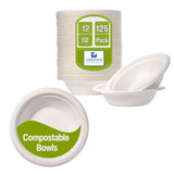 Greener Settings 12 oz Compostable Paper Bowls - Heavy Duty Sugarcane, Biodegradable, Microwave & Leak-Resistant, 125 Count