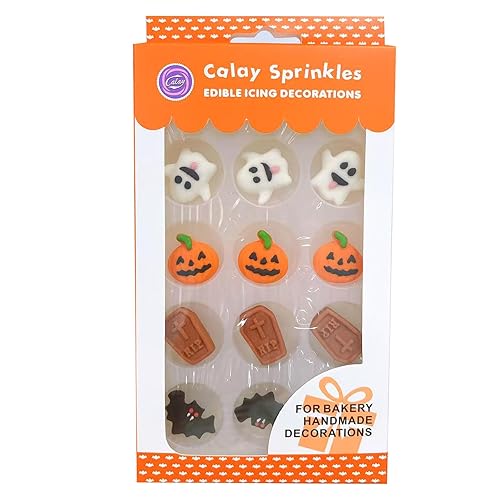 Sentovac 12 Pcs Halloween Icing Decoration Edible Tombstone Pumpkin Ghost Bat Mix Candy Dessert Sprinkles DIY For Cookie Cake Cupcake Topper Icing
