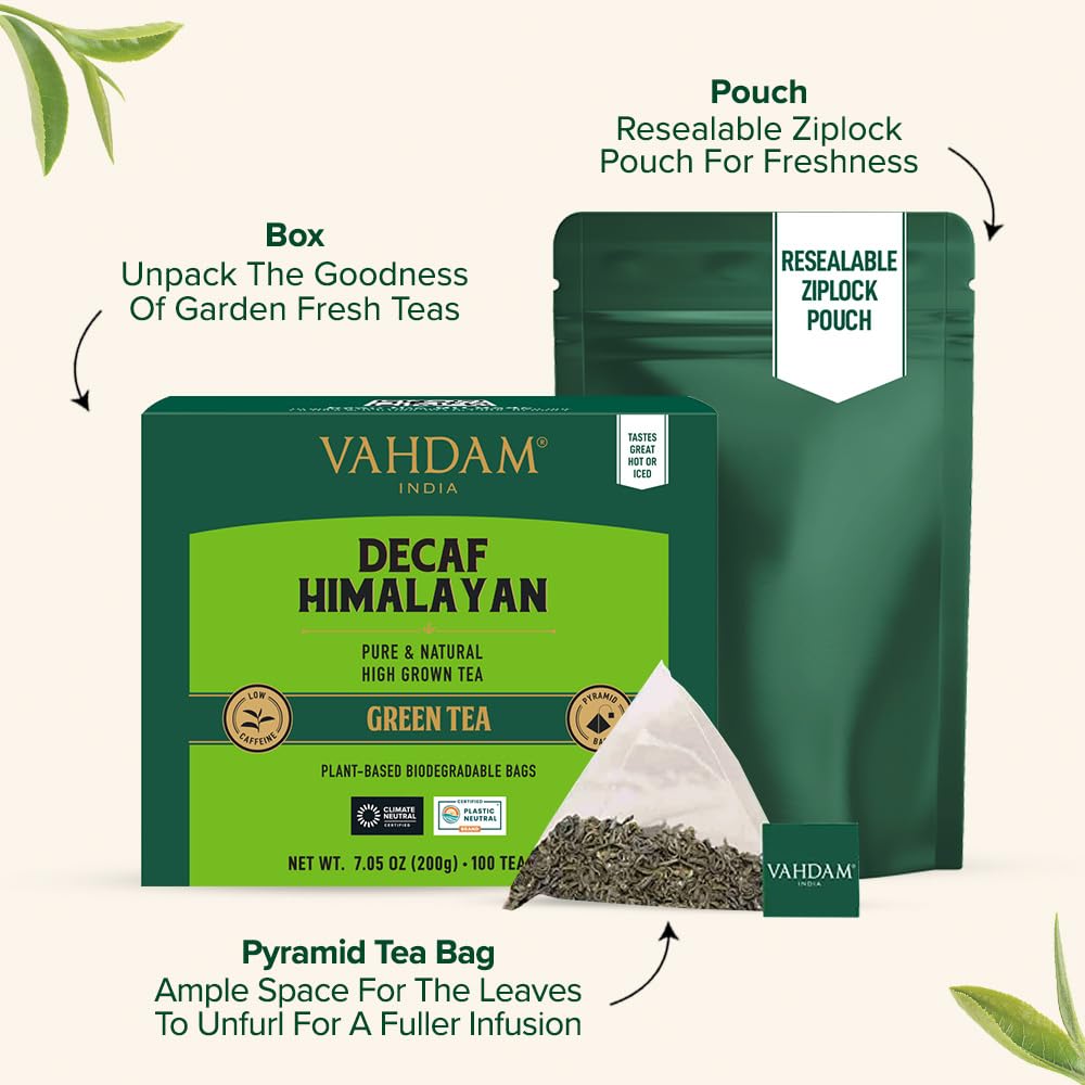 VAHDAM, Decaf Himalayan Green Tea Bags (100 Pyramid Tea Bags) Caffeine Free, Gluten Free | High Grown Decaf Green Tea | Resealable Ziplock Pouch |