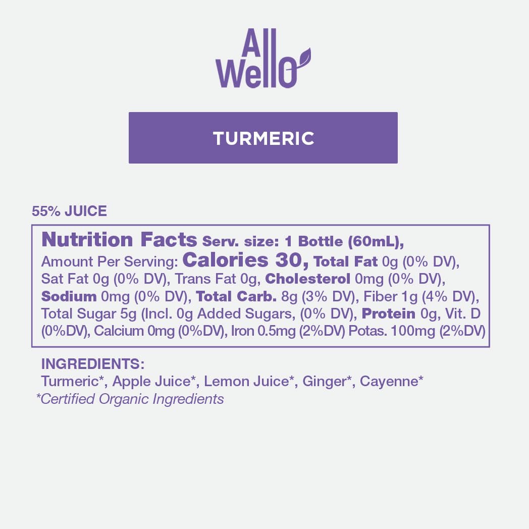 ALLWELLO Organic Turmeric Shot Certified Organic & Non-GMO Project Verified 2Fl Oz Each (6 Pack / 12Fl Oz Total)