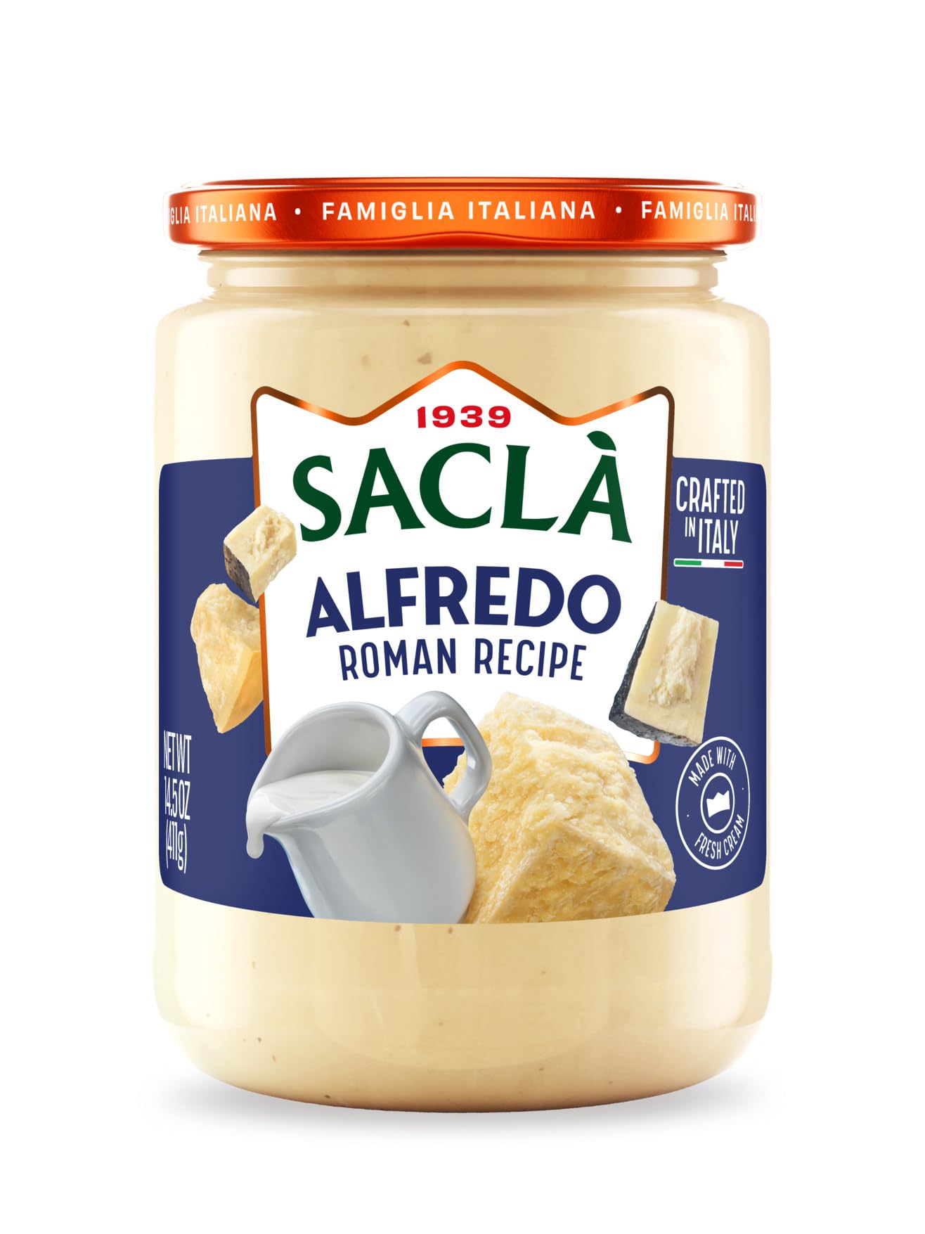 SACLA Classic Roman Alfredo Sauce | Authentic Creamy Italian Pasta Sauce made with Real Cheese & Butter | 14.5 oz Glass Jar | Imported from Italy |