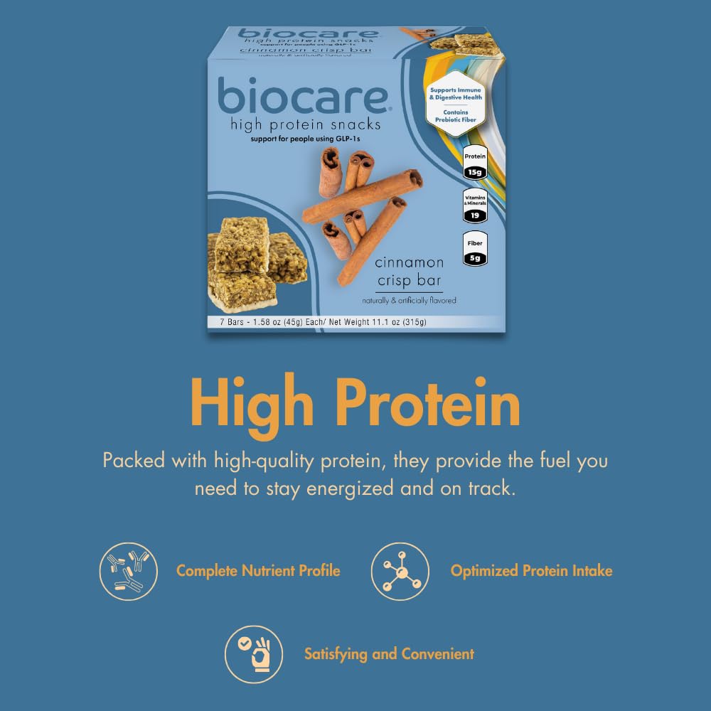 Biocare High Protein Snack Bar, Provides 15g Essential Protein, 5g Dietary Fiber, Cinnamon Crisp (7 Count)