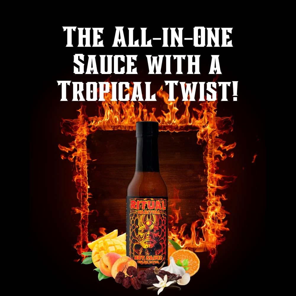 Hellfire Hot Sauce Ritual Habitual - Fruit-Based Gourmet Hot Sauce With Tropical Flavors and Curry, 5 oz.