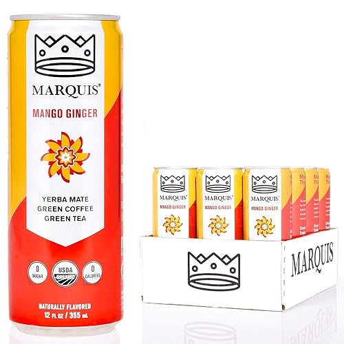 Organic Green Tea + Yerba Mate Drink by Marquis |Antioxidant Infused Sparkling Beverage | Zero Sugars, Zero Calories | Mango Ginger Flavor Super Tea |
