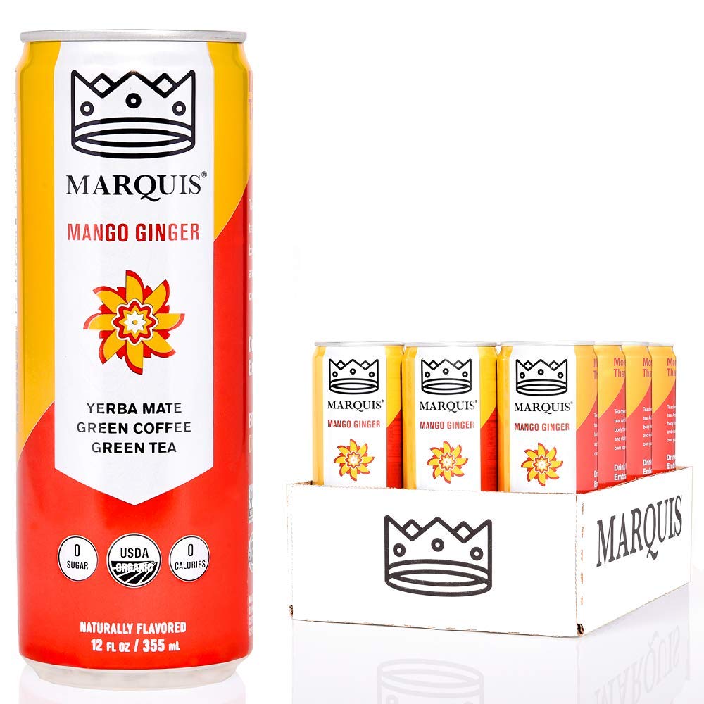Organic Green Tea + Yerba Mate Drink by Marquis |Antioxidant Infused Sparkling Beverage | Zero Sugars, Zero Calories | Mango Ginger Flavor Super Tea |