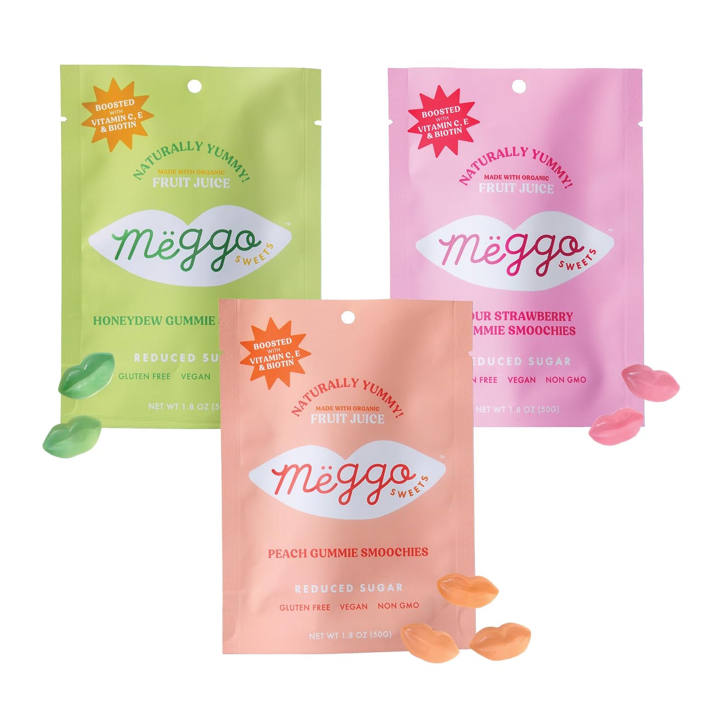 Meggo Sweets Gummie Smoochies Variety Pack - Organic Gummy Candy, Low Sugar, Gluten Free, Vegan, Non GMO, Peach, Honeydew & Sour Strawberry, Boosted