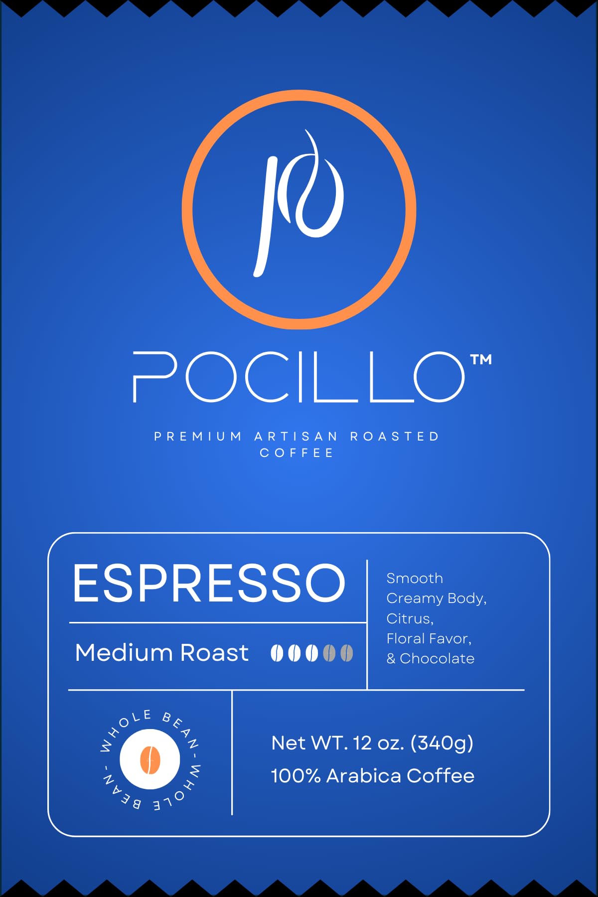 Espresso Whole Bean Coffee Medium Roast, 100% Arabica | Rich Chocolate & Citrus Notes | 12 ounces Bag | Pocillo