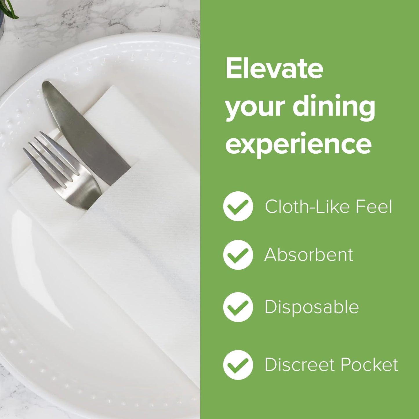 SimuLinen White Disposable Dinner Napkins with Pocket for Utensils, Decorative and Absorbent, Paper Napkins for Silverware, 17"x17", Box of 150
