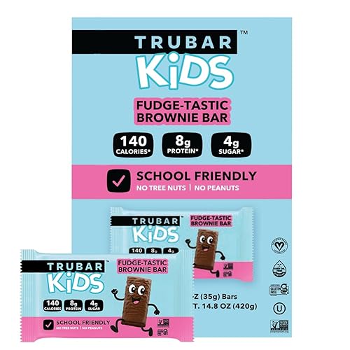 TRUBAR Kids Protein Bars, Fudge-Tastic Brownie, Plant Based Protein, Gluten Free School-Friendly Snacks for Lunchboxes, Tree Nut and Peanut Free, Low