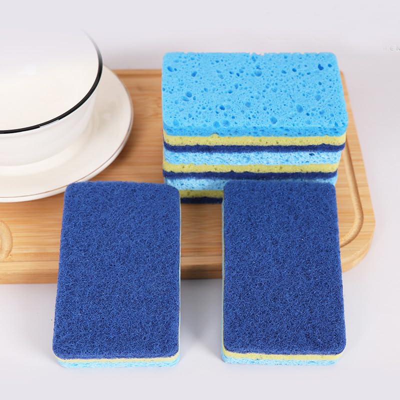 BORAHD'S Cellulose Scrub Sponges, Multi-Color Pack, Non-Scratch Kitchen Cleaning Sponges, 6 Count, Yellow and Blue, for Dishes, Counters and Cookware