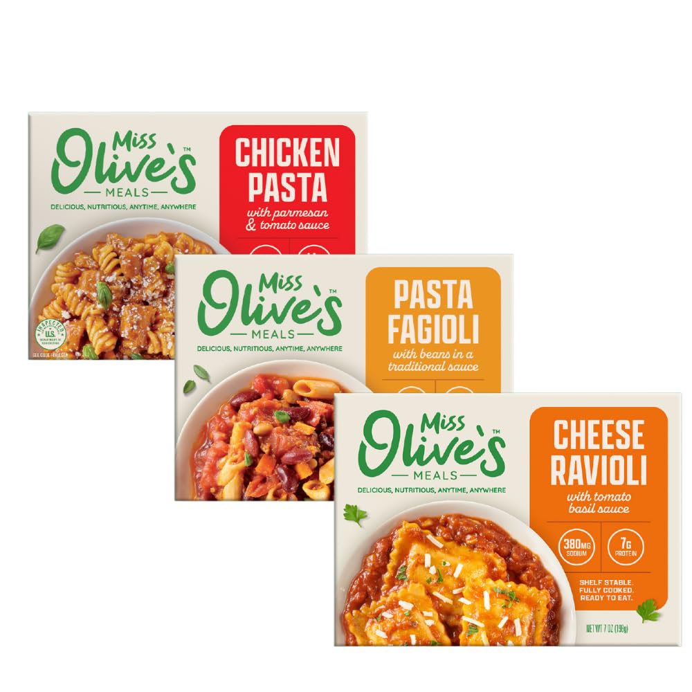 Miss Olive’s Italian Favorites Pack - Shelf-Stable Microwavable Ready Meals (3 Pack) - Pasta Fagioli, Cheese Ravioli & Chicken Pasta Parm - Fully