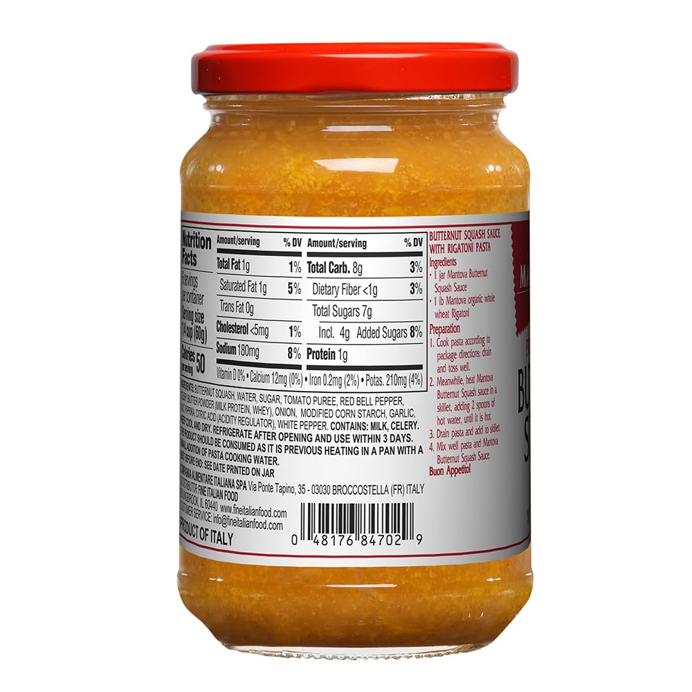 Mantova Butternut Squash Sauce, 12 oz. (Pack of 2), Product of Italy, Traditional, All-Natural, Ready-to-Eat Pasta Sauce, No Artificial Coloring