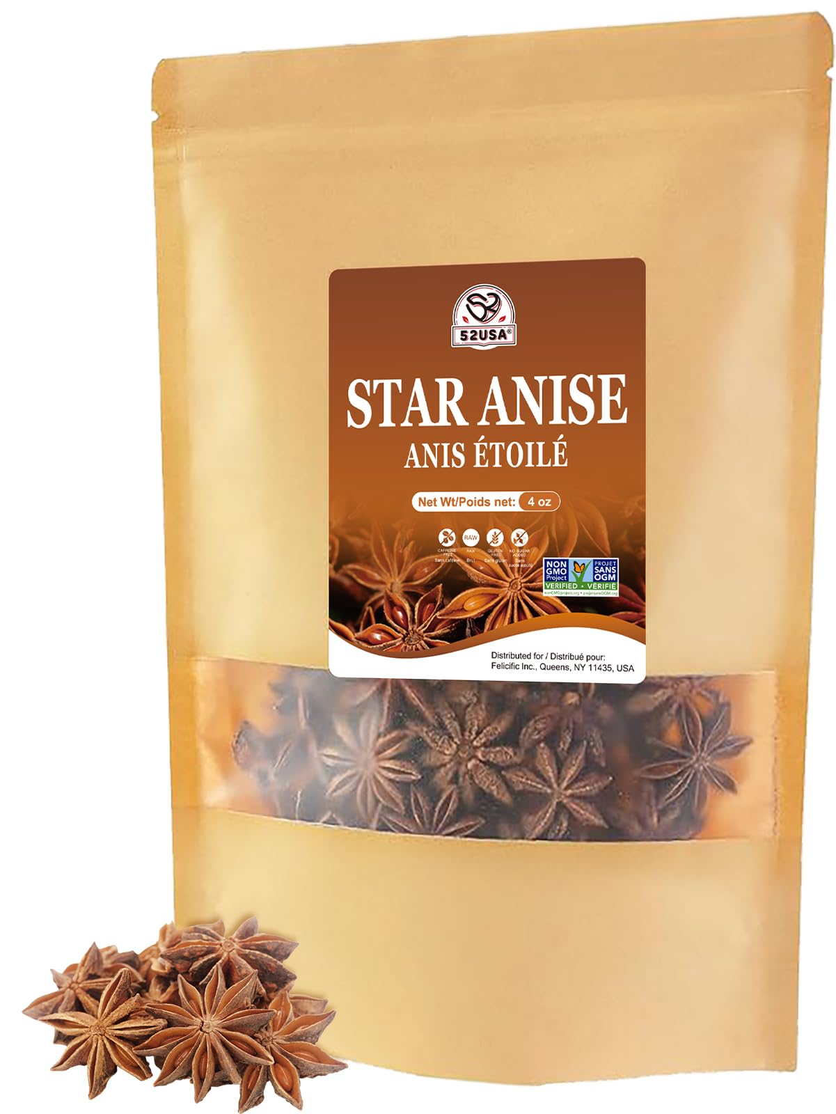 52USA Star Anise Whole 4oz, Non-GMO Verified Dried Chinese Star Anise Pods, Premium Spice for Asian Cooking, Baking & Herbal Tea