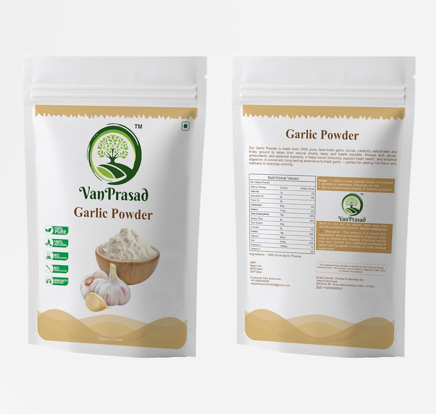 VanPrasad Pure Garlic Powder 1kg | Natural & Hygienic | Rich Flavor Seasoning | No Preservatives | Vegan & Gluten-Free | Ideal for Cooking, Marinades