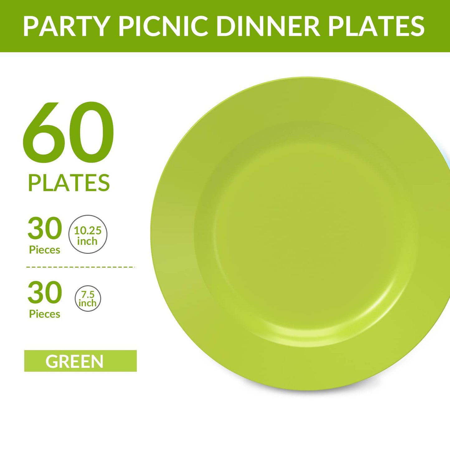 POSATE Plastic Plates Disposable 60 PCS, Heavy Duty 30 Dinner Plates 10.25" and 30 Dessert Plates 7.5" for Party, Green