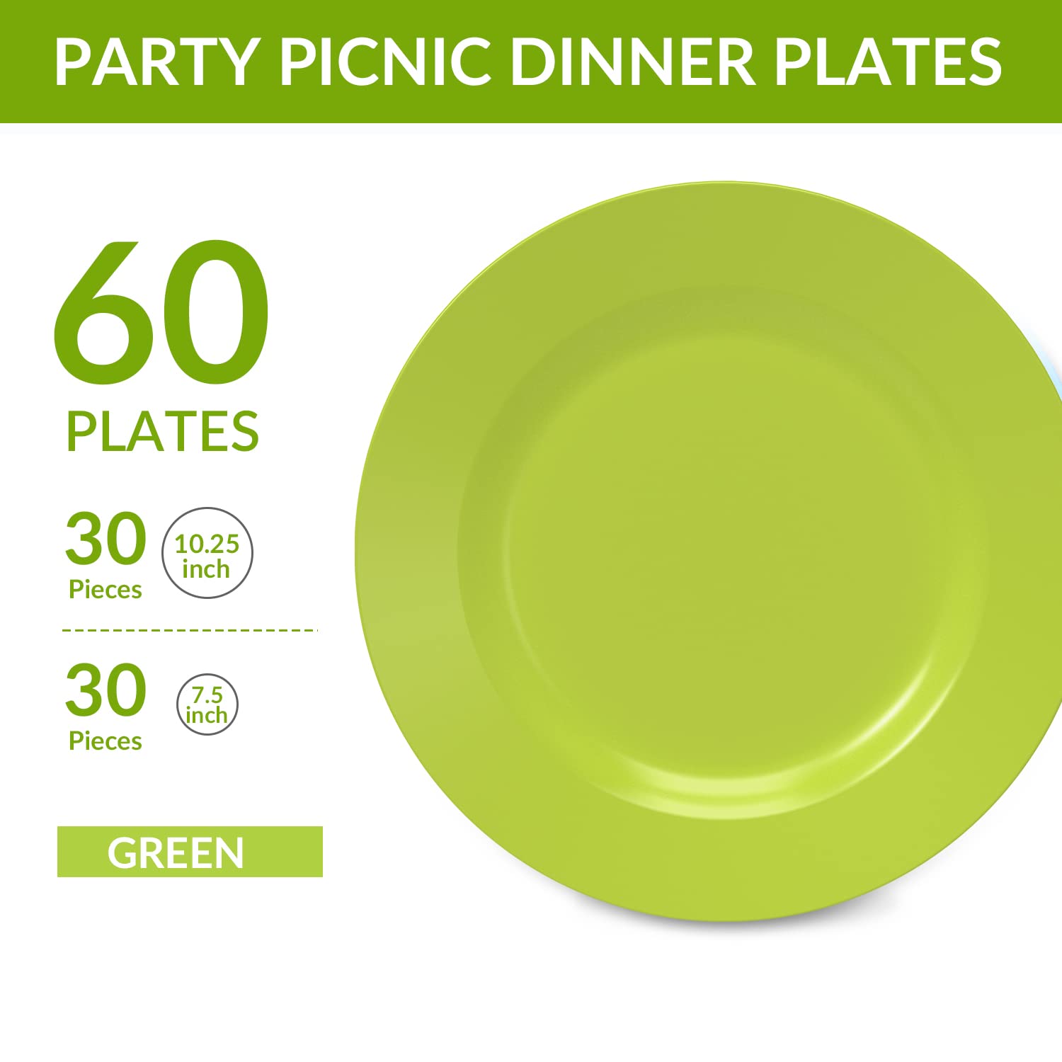 POSATE Plastic Plates Disposable 60 PCS, Heavy Duty 30 Dinner Plates 10.25" and 30 Dessert Plates 7.5" for Party, Green