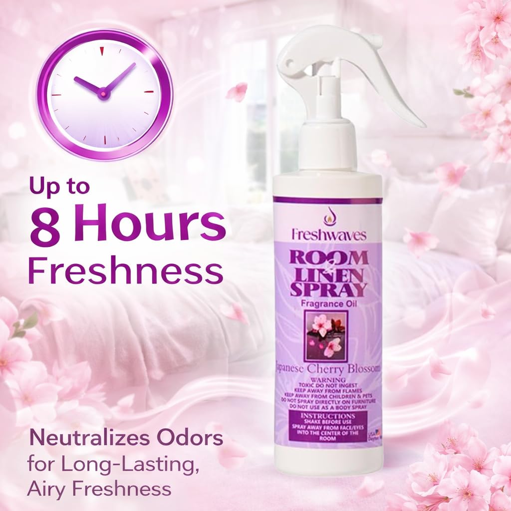 Freshwaves Room and Linen Spray | Japanese Cherry Blossom Fragrance Oil | 8oz Air Spray Freshener | Room Spray Odor Eliminator for Living Room |