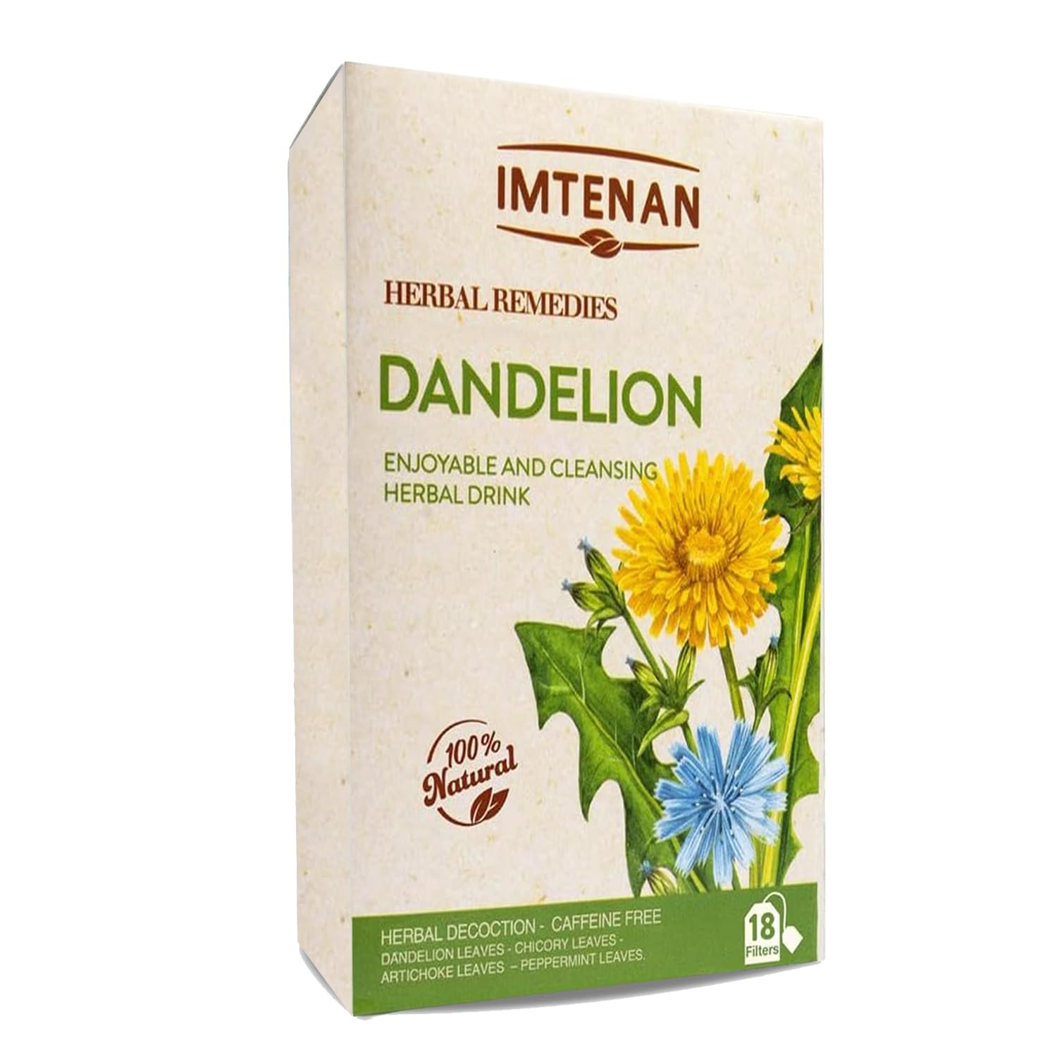 Imtenan Dandelion Drink Herbal Bag Premium Herbals Pure Egyptian Herb Fresh Herbs Rich Egypt No Additives Non Gmo Kosher Halal (1 Pack = 18 Teabags)