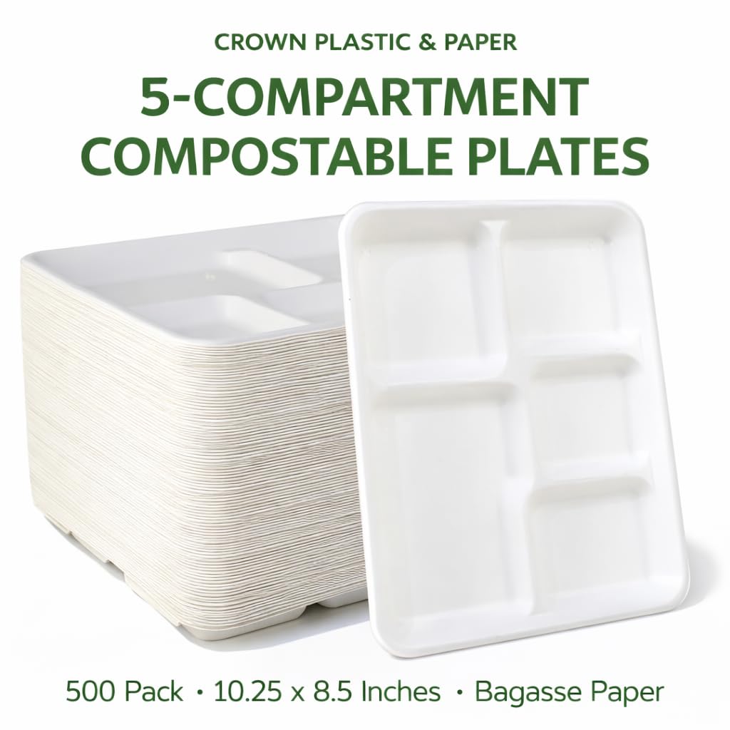 5-Compartment Compostable Plates for Easy Cleanup - Compartment Tray for Portion Control & Mess-Free Meals - 10.25×8.5 In Disposable Bagasse Paper