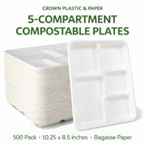 5-Compartment Compostable Plates for Easy Cleanup - Compartment Tray for Portion Control & Mess-Free Meals - 10.25×8.5 In Disposable Bagasse Paper