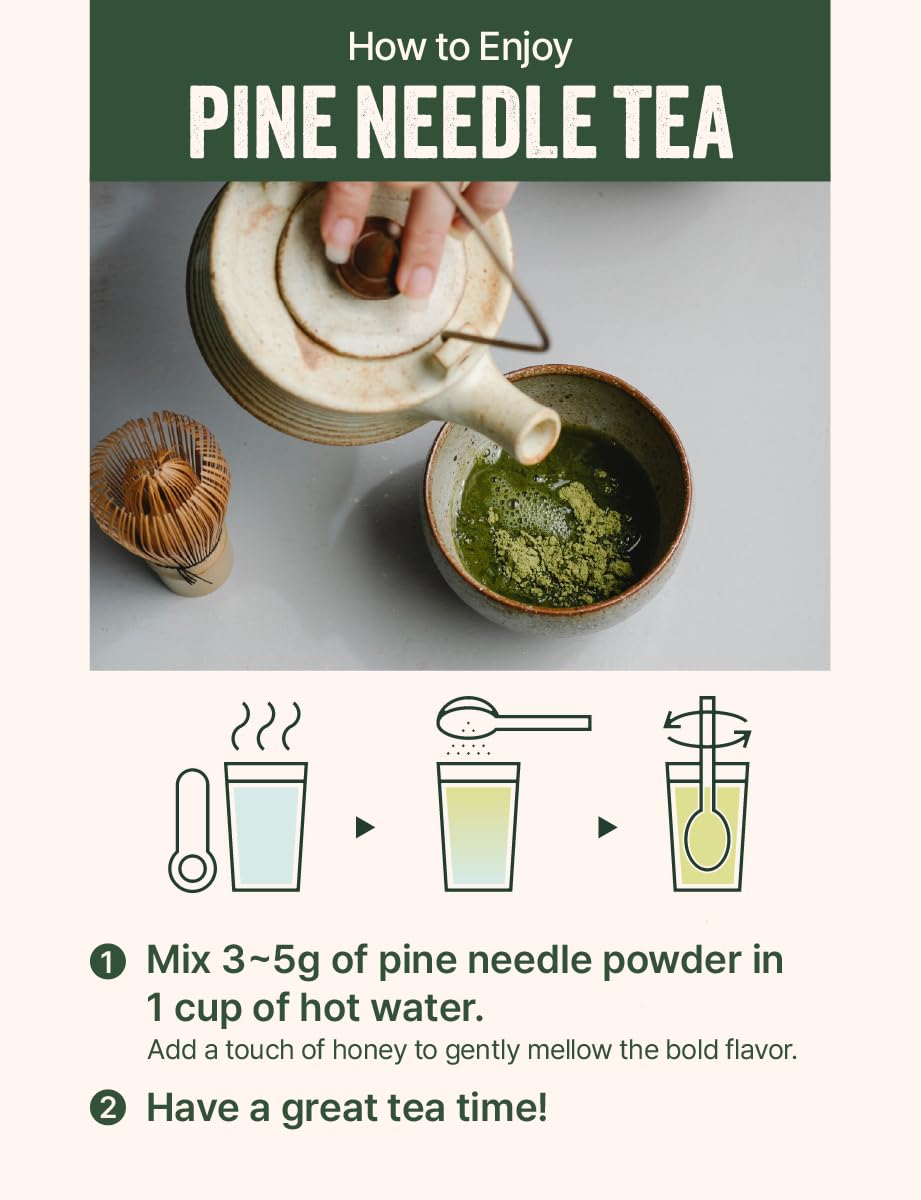 NICE WITCH'S Pine Needle Powder 8 oz (227g), 100% Korean Pine Leaf Powder for Tea, Caffeine-Free Herbal Tea, Smooth & Naturally Refreshing