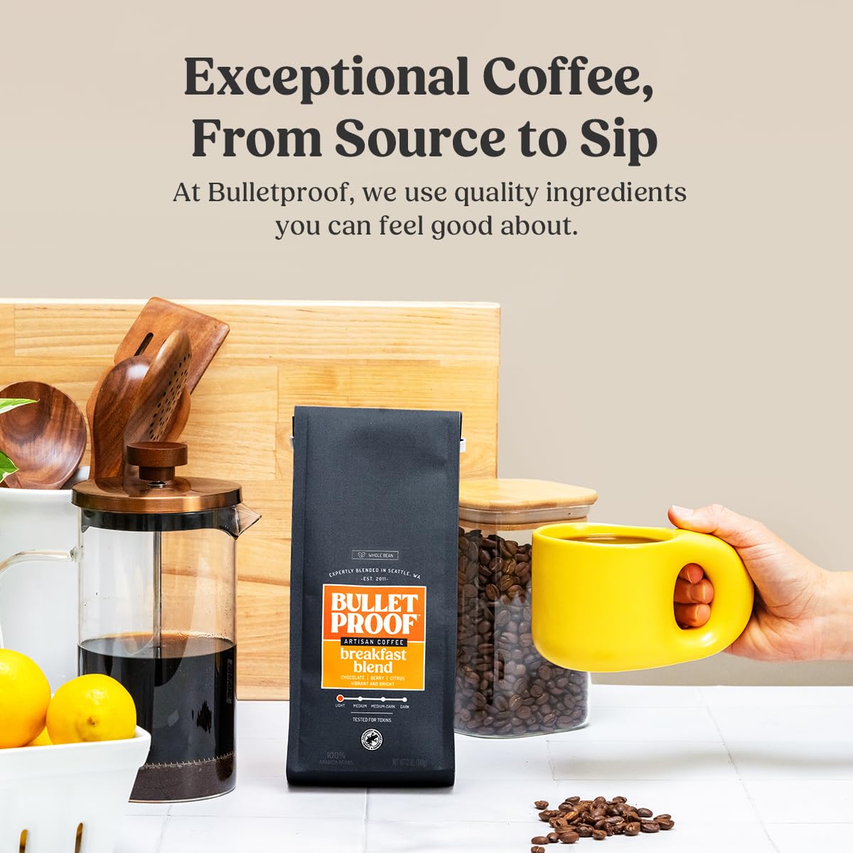 Bulletproof Breakfast Blend Light Roast Whole Bean Coffee, 12 Ounces, 100% Arabica Beans, Clean Coffee Tested for Toxins