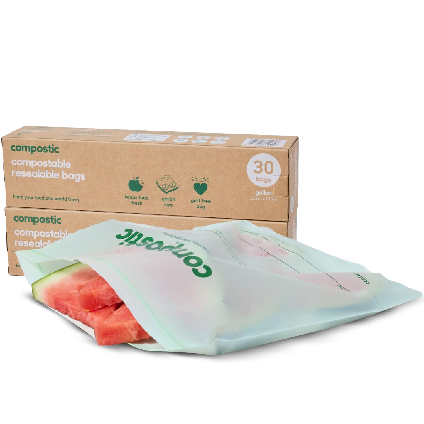 Compostic Compostable Gallon Bags (60 Count) Starter Pack - Resealable Zip-Seal, Plant-Based, Home Compostable, Freezer Safe, BPA-Free, Non-Toxic